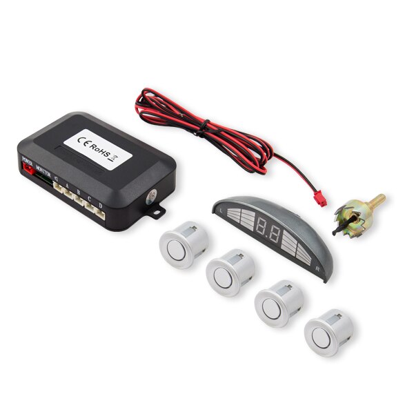 Set senzori de parcare Savio CP-03, kit 4 senzori, display LED si avertizare sonora, Argintiu