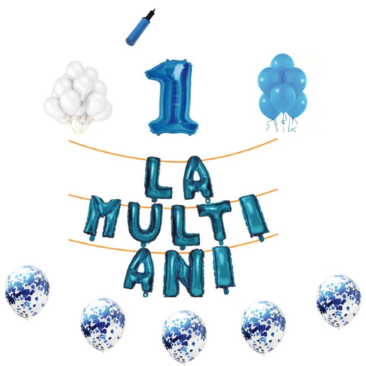 Set baloane La Multi Ani , pentru 1 an, cifra 1 metru,Albastru