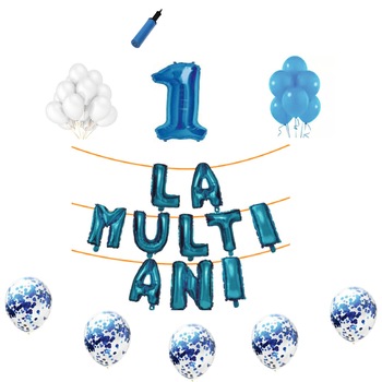 Set baloane La Multi Ani , pentru 1 an, cifra 1 metru,Albastru Set baloane La Multi Ani , pentru 1 an, cifra 1 metru,Albastru