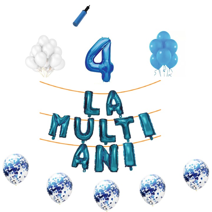 Set baloane La Multi Ani , pentru 4 ani, cifra 1 metru,Albastru