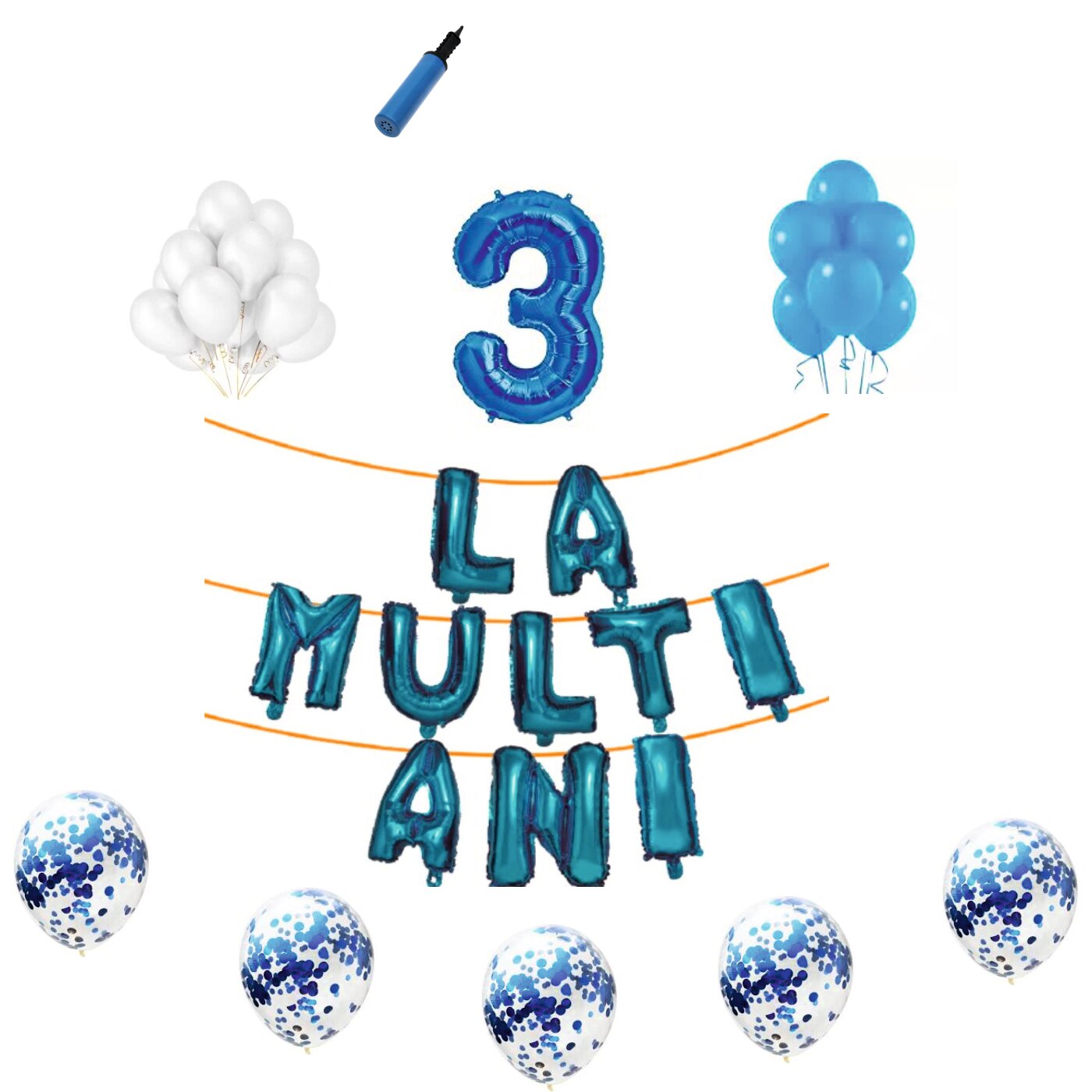 Set baloane La Multi Ani , pentru 3 ani, cifra 45 cm,Albastru