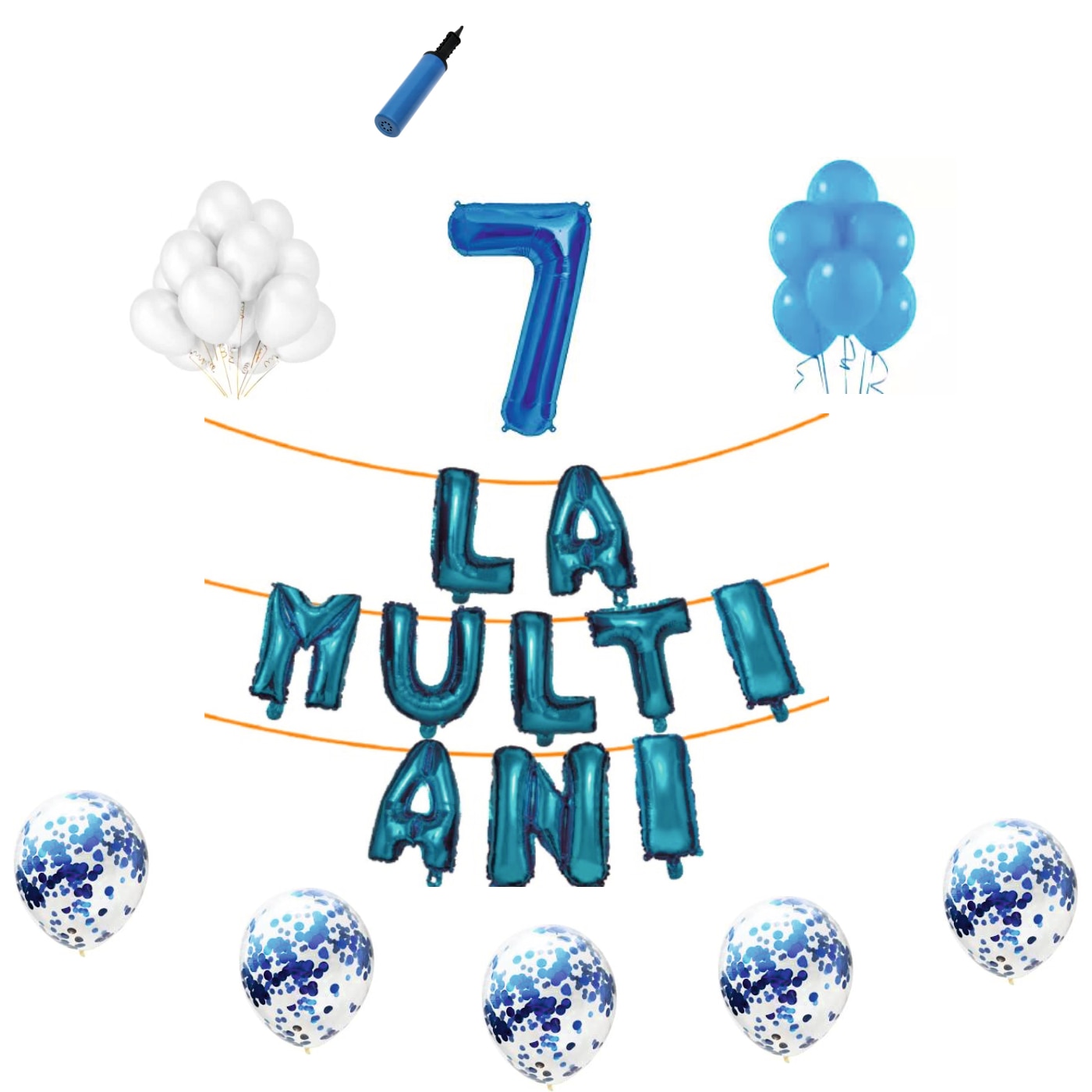 Set baloane La Multi Ani , pentru 7 ani, cifra 1 metru,Albastru