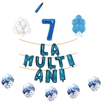 Set baloane La Multi Ani , pentru 7 ani, cifra 1 metru,Albastru Set baloane La Multi Ani , pentru 7 ani, cifra 1 metru,Albastru