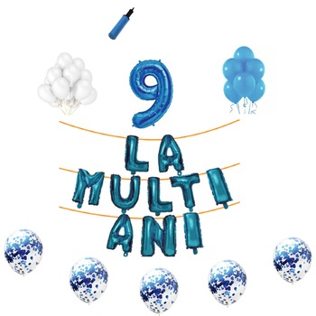 Set baloane La Multi Ani , pentru 9 ani, cifra 45 cm,Albastru Set baloane La Multi Ani , pentru 9 ani, cifra 45 cm,Albastru
