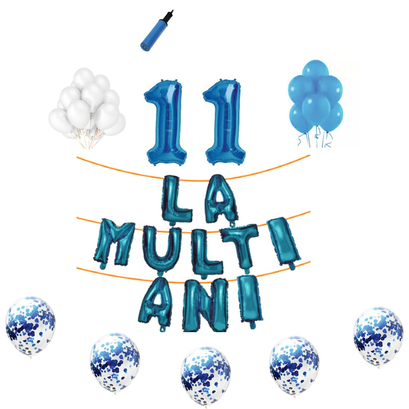 Set baloane La Multi Ani , pentru 11 ani, cifra 1 metru,Albastru