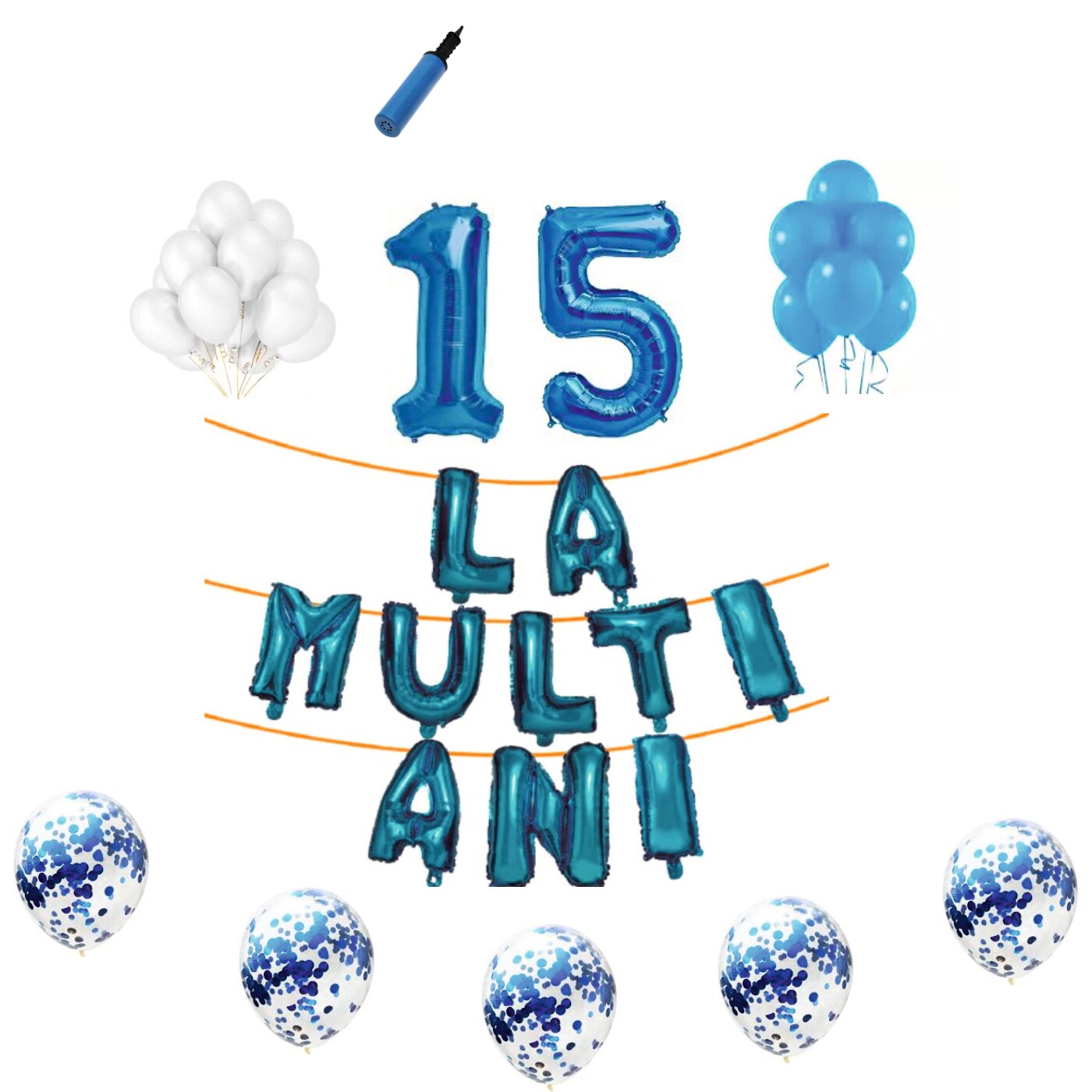 Set baloane La Multi Ani , pentru 15 ani, cifra 1 metru,Albastru