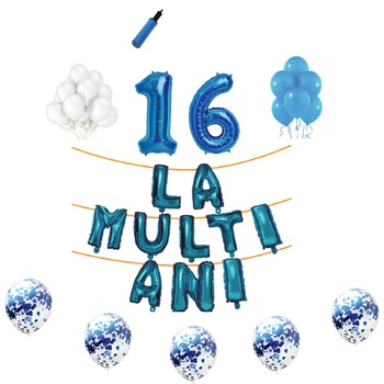 Set baloane La Multi Ani , pentru 16 ani, cifra 1 metru,Albastru Set baloane La Multi Ani , pentru 16 ani, cifra 1 metru,Albastru