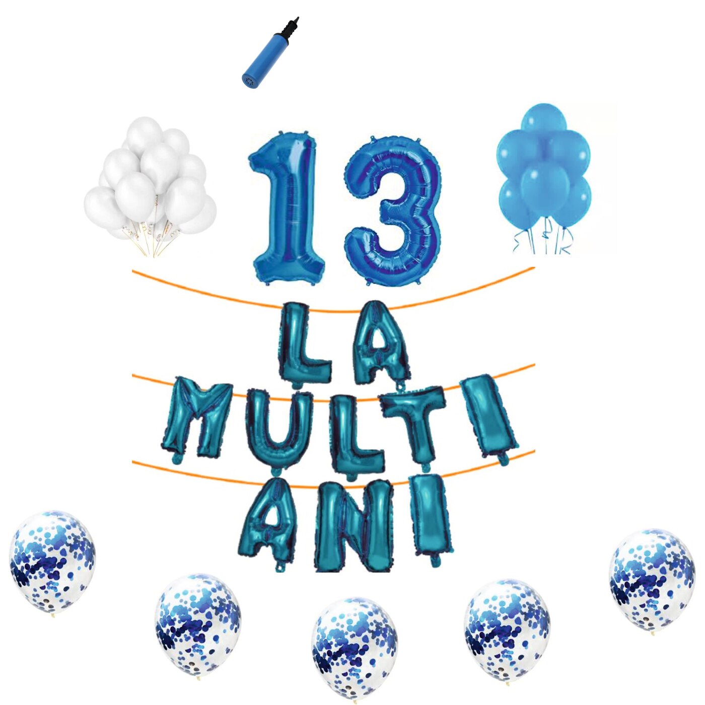 Set baloane La Multi Ani , pentru 13 ani, cifra 1 metru,Albastru