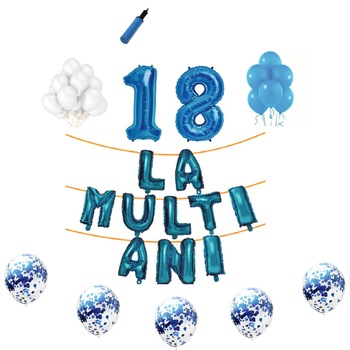 Set baloane La Multi Ani , pentru 18 ani, Majorat, cifra 45 cm,Albastru Set baloane La Multi Ani , pentru 18 ani, Majorat, cifra 45 cm,Albastru