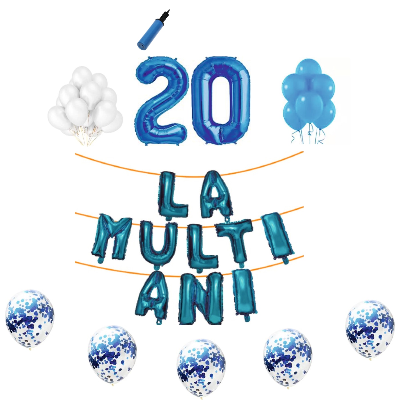 Set baloane La Multi Ani , pentru 20 ani, cifra 1 metru,Albastru