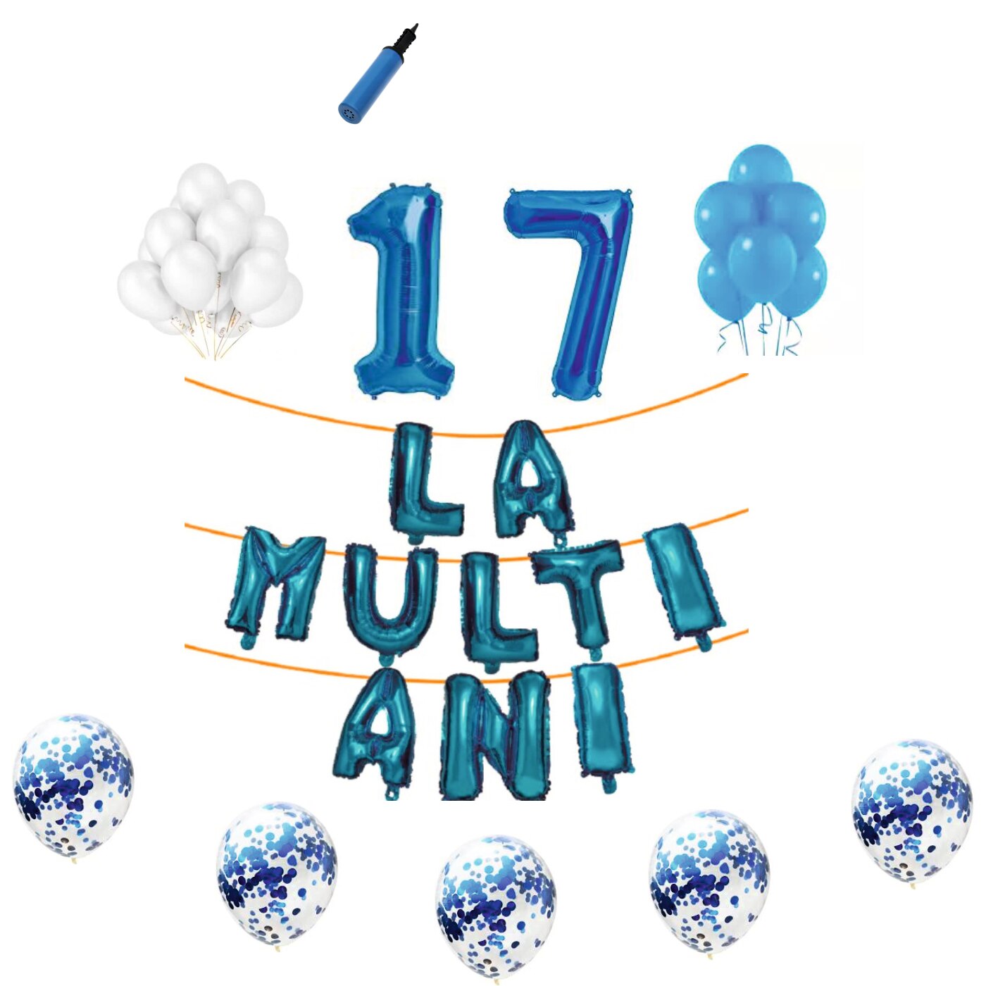 Set baloane La Multi Ani , pentru 17 ani, cifra 1 metru,Albastru