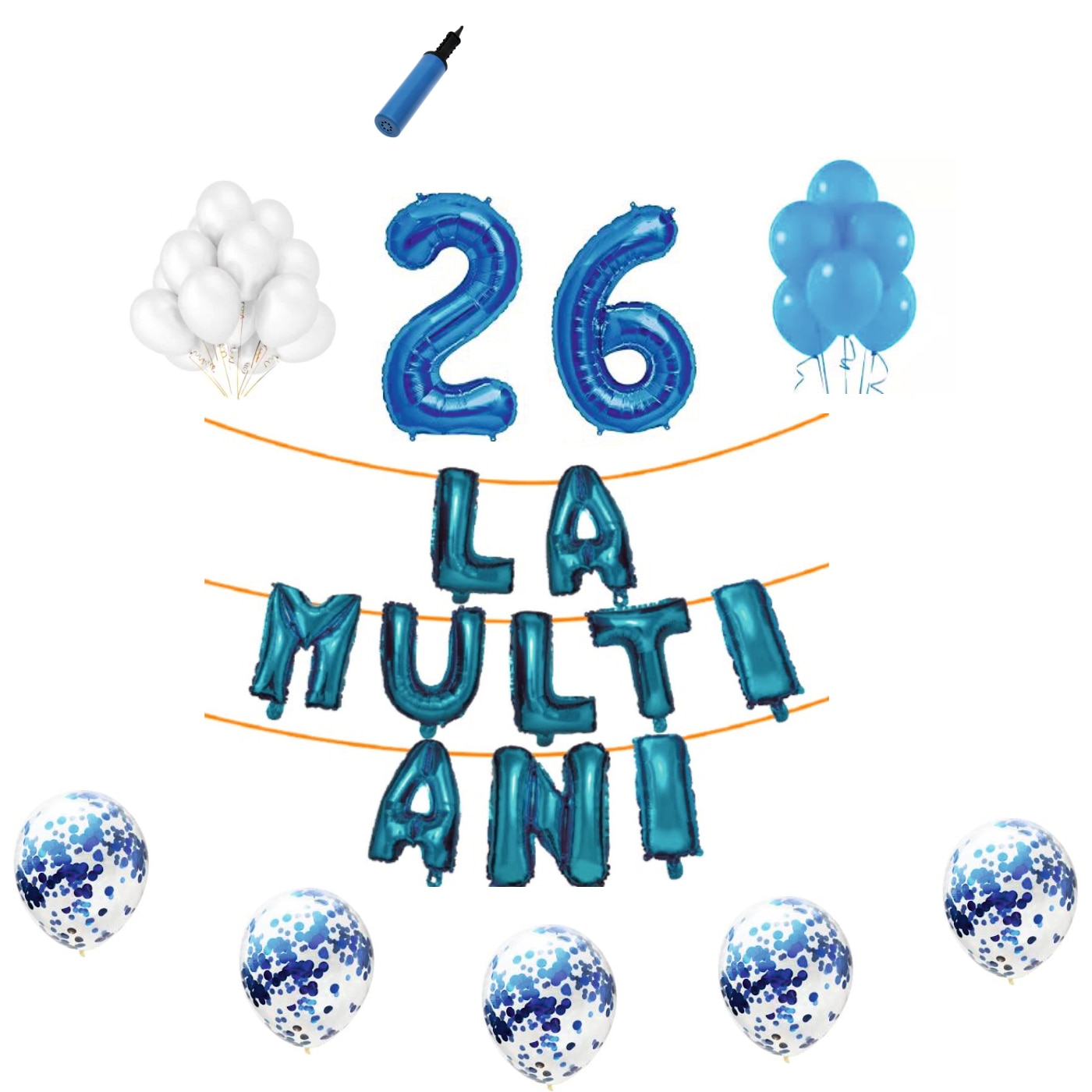Set baloane La Multi Ani , pentru 26 ani, cifra 1 metru,Albastru
