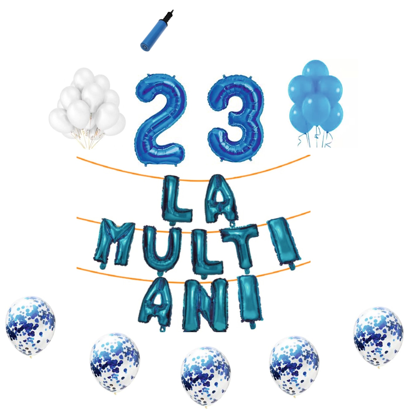 Set baloane La Multi Ani , pentru 23 ani, cifra 1 metru,Albastru