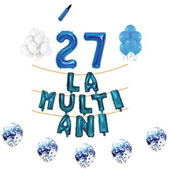 Set baloane La Multi Ani , pentru 27 ani, cifra 1 metru,Albastru Set baloane La Multi Ani , pentru 27 ani, cifra 1 metru,Albastru