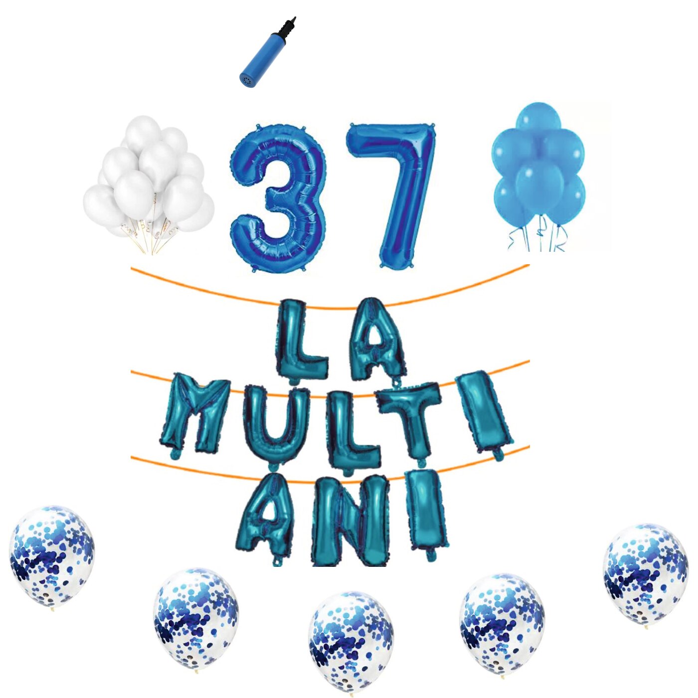 Set baloane La Multi Ani , pentru 37 ani, cifra 1 metru,Albastru