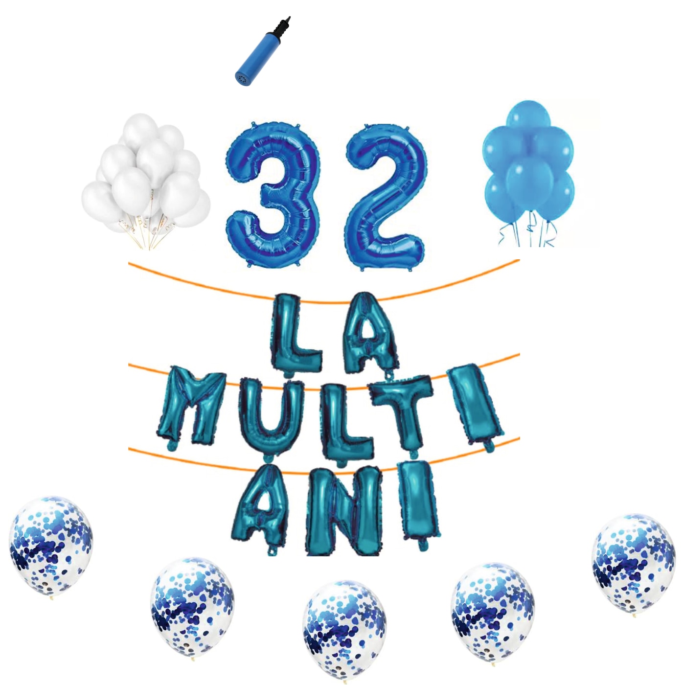 Set baloane La Multi Ani , pentru 32 ani, cifra 1 metru,Albastru