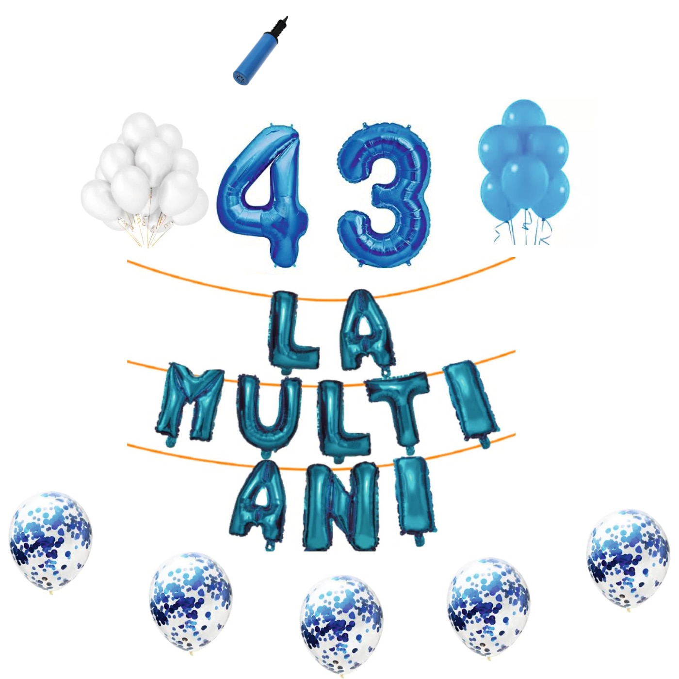 Set baloane La Multi Ani , pentru 43 ani, cifra 45 cm,Albastru