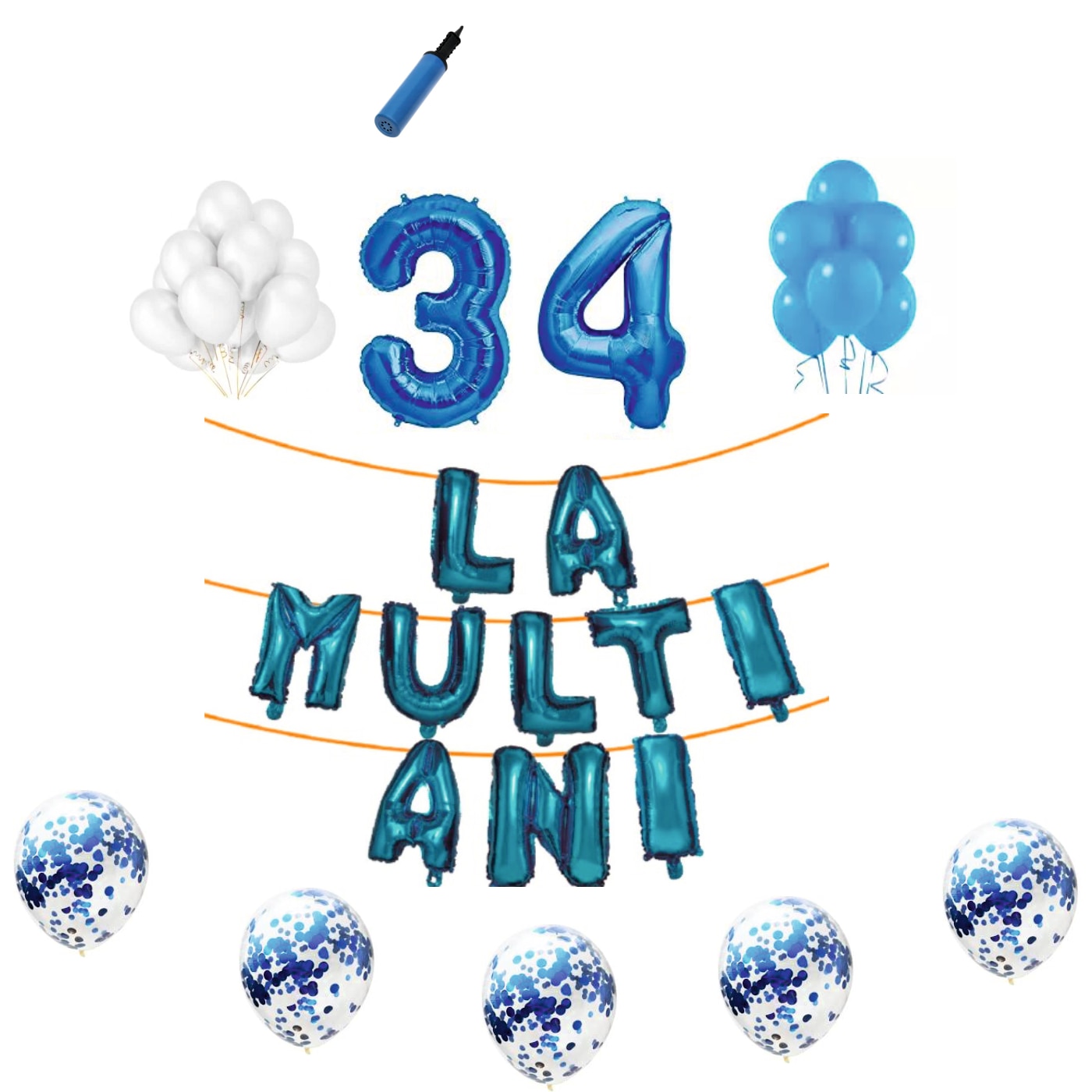 Set baloane La Multi Ani , pentru 34 ani, cifra 1 metru,Albastru