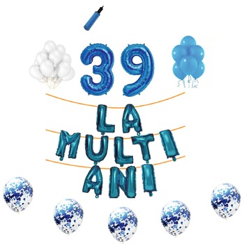Set baloane La Multi Ani , pentru 39 ani, cifra 1 metru,Albastru Set baloane La Multi Ani , pentru 39 ani, cifra 1 metru,Albastru