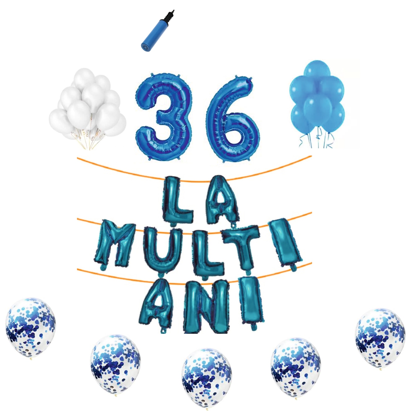 Set baloane La Multi Ani , pentru 36 ani, cifra 1 metru,Albastru
