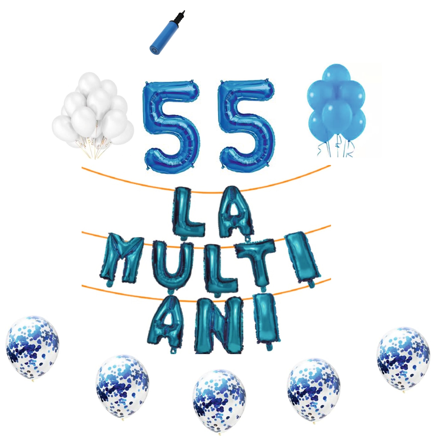 Set baloane La Multi Ani , pentru 55 ani, cifra 45 cm,Albastru