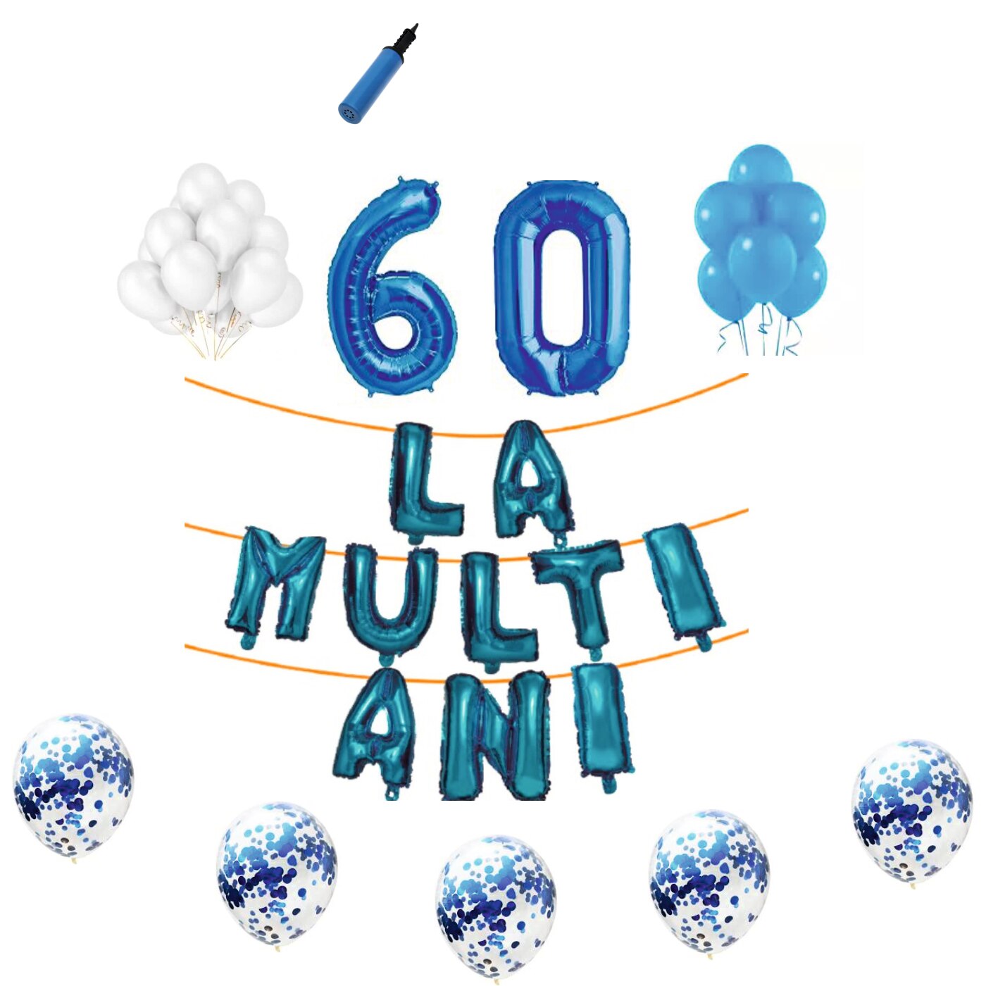Set baloane La Multi Ani , pentru 60 ani, cifra 1 metru,Albastru