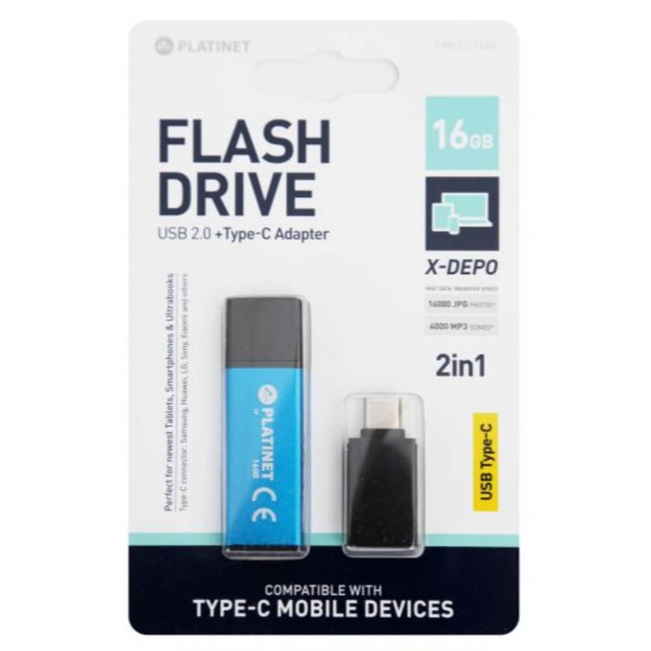 Memory Stick USB 2.0 PLATINET 16 GB + USB Type C