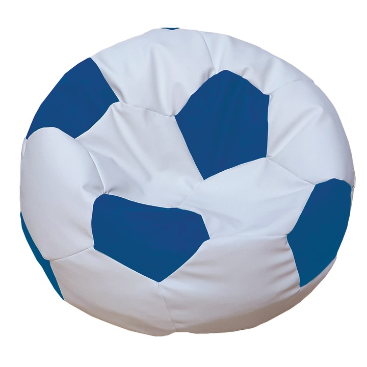 Fotoliu tip puf in forma de minge, diametrul 70 cm, piele ecologica, pentru interior/exterior, Alb/Albastru