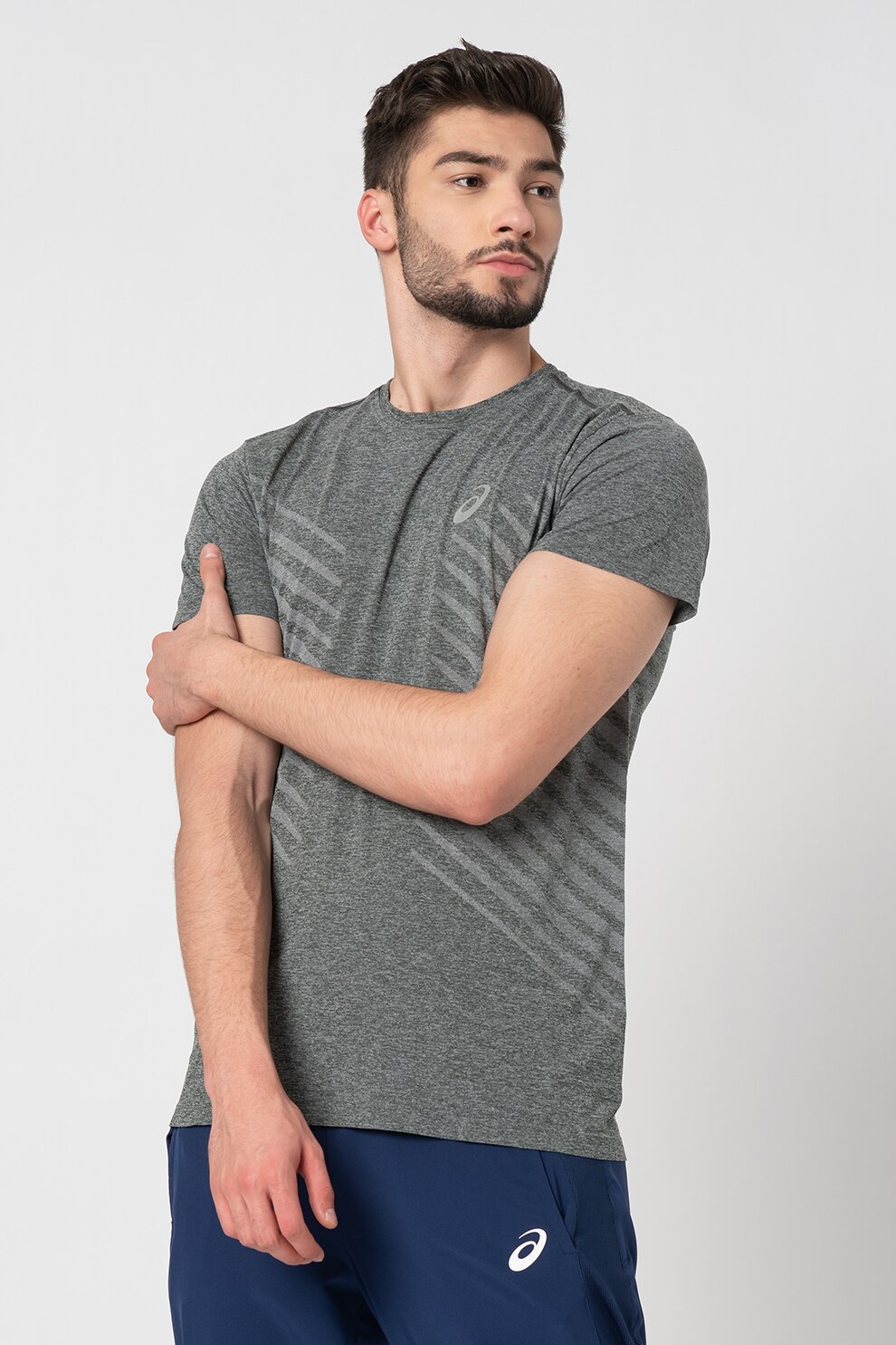 Asics, Tricou fara cusaturi pentru fitness, Gri inchis melange