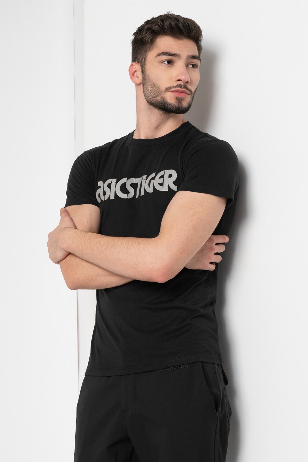 Asics, Tricou cu decolteu la baza gatului si imprimeu logo, Negru, S