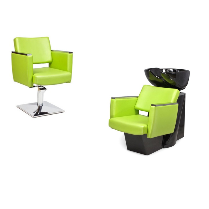 Set 2 scaune frizerie, Capello, Lavoar, Ergonomic, Verde/Negru