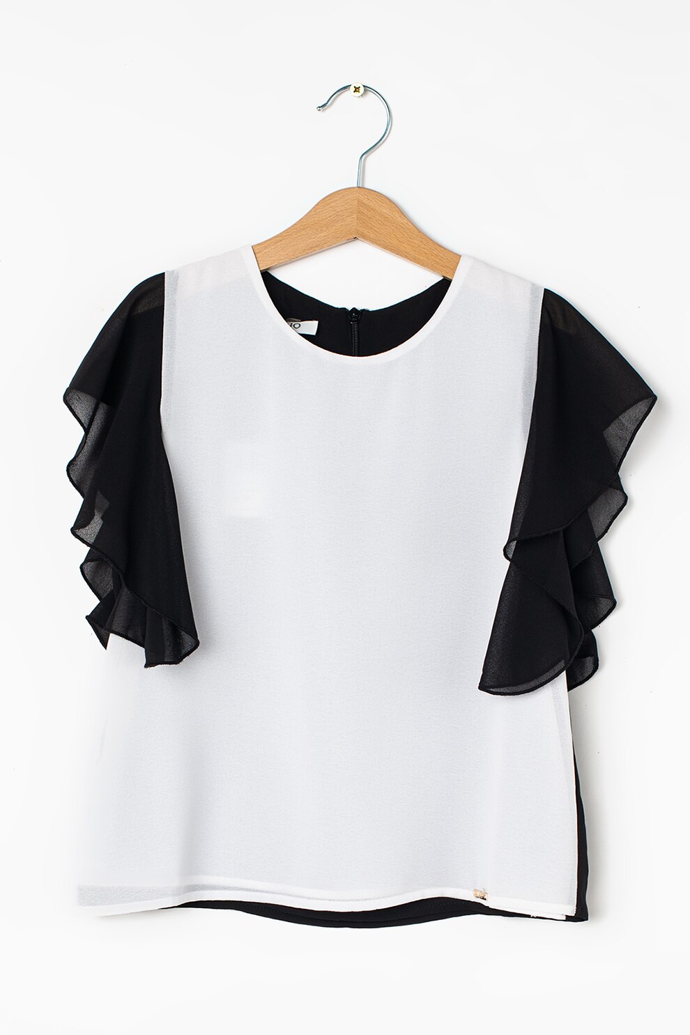 Liu Jo, Bluza cu volane si model colorblock, Negru/Alb, 130 CM