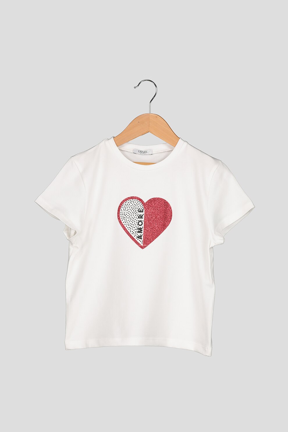 Liu Jo, Tricou cu inima cu aspect stralucitor si strasuri, Alb, Rosu inchis, Negru fad