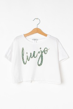 Liu Jo, Tricou crop cu aplicatie cu margele, Alb/Negru Liu Jo, Tricou crop cu aplicatie cu margele, Alb/Negru