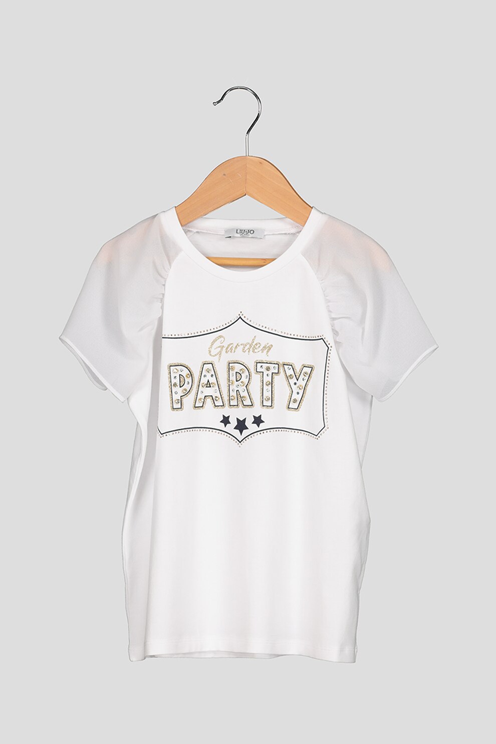 Liu Jo, Tricou cu decolteu la baza gatului si imprimeu text, Alb/Negru/Auriu