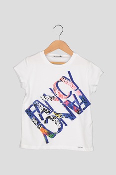 Liu Jo, Tricou cu imprimeu text si particule stralucitoare, Alb/Albastru/Corai, 140 CM Liu Jo, Tricou cu imprimeu text si particule stralucitoare, Alb/Albastru/Corai, 140 CM