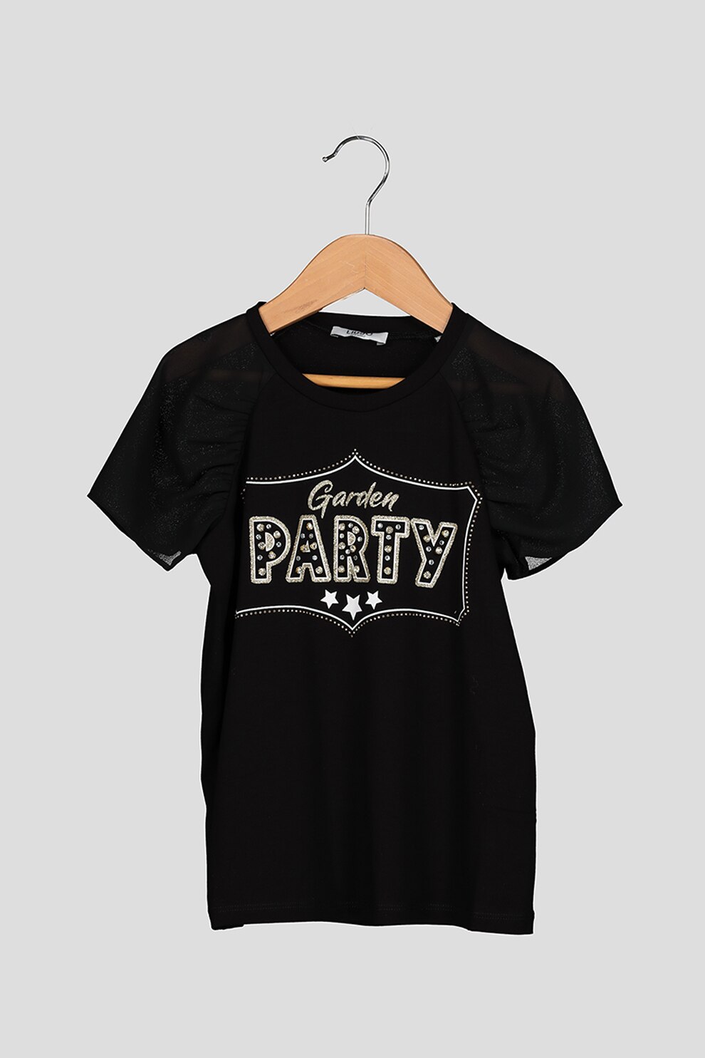 Liu Jo, Tricou cu decolteu la baza gatului si imprimeu text, Negru/Alb/Auriu deschis