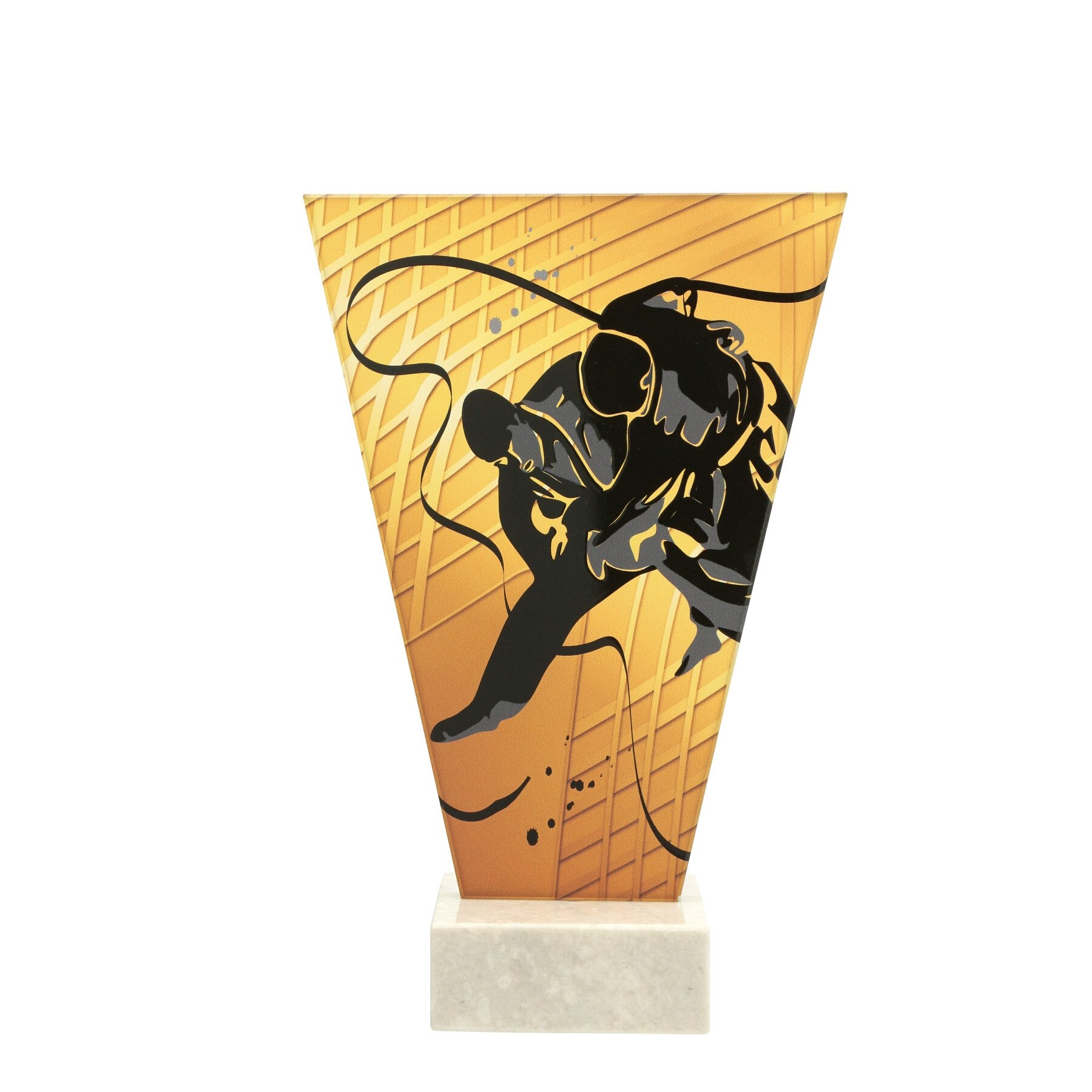 Trofeu personalizabil din sticla tematica Judo portocaliu/negru,cu piedestal din marmura alba,17.5 cm