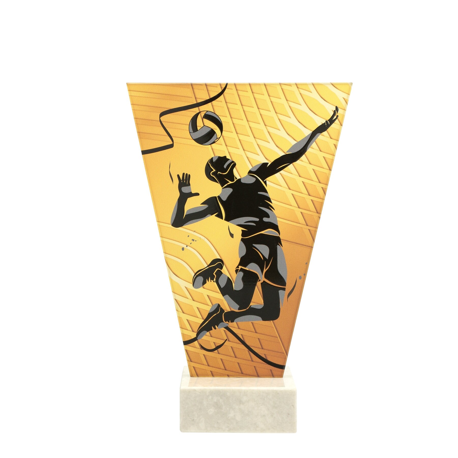 Trofeu personalizabil din sticla tematica Volei portocaliu/negru,cu piedestal din marmura alba,17.5 cm