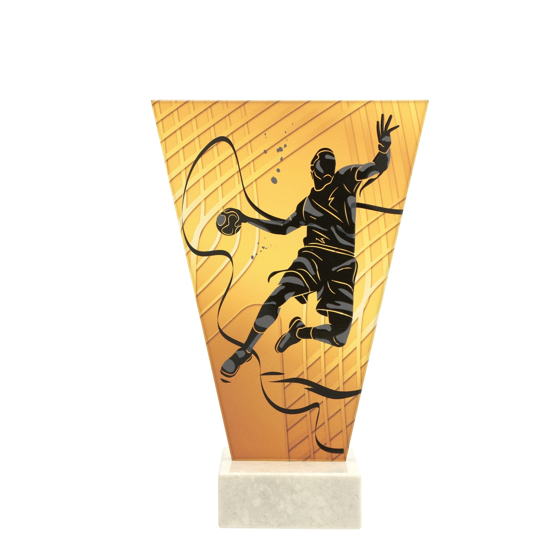 Trofeu personalizabil din sticla tematica Handbal portocaliu/negru,cu piedestal din marmura alba,17.5 cm