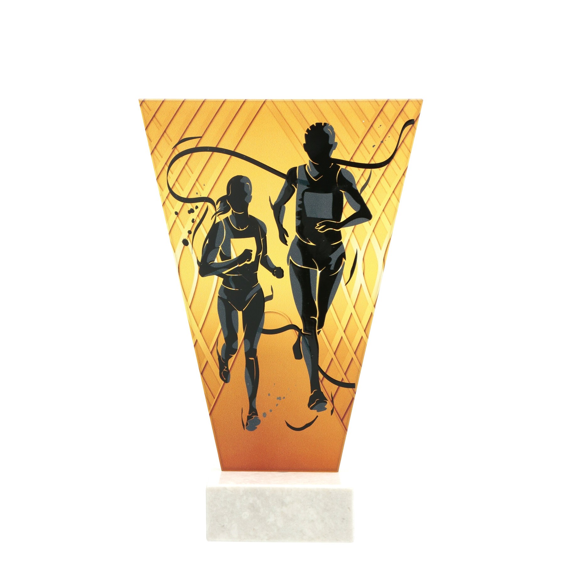 Trofeu personalizabil din sticla tematica Alergare portocaliu/negru,cu piedestal din marmura alba,17.5 cm