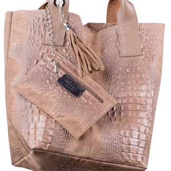 Geanta dama, Vera Pelle, cu model piele crocodil, piele naturala, bej, 35 x 44 x 16 cm Geanta dama, Vera Pelle, cu model piele crocodil, piele naturala, bej, 35 x 44 x 16 cm