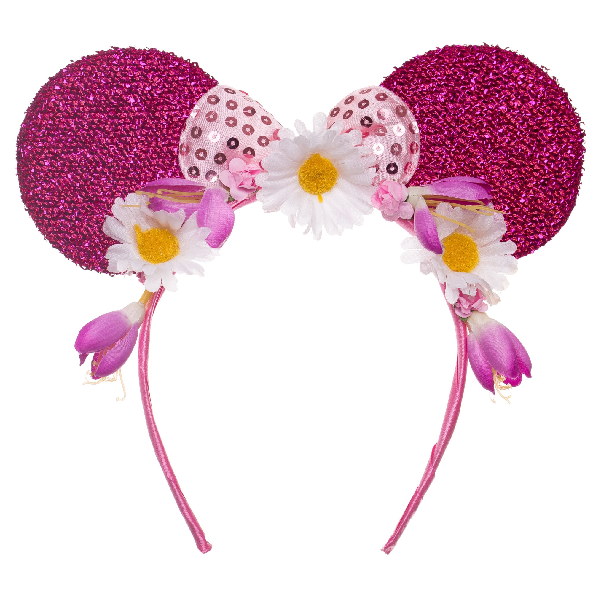 Cordeluta Minnie Mouse cu urechi roz aprins, slipici si flori