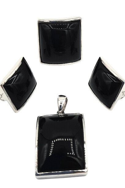 Set cercei, pandativ si inel Argint 925 cu pietre patrate de onix