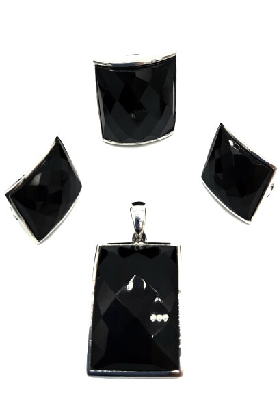Set cercei, pandativ si inel Argint 925 cu pietre patrate,mari, fatetatede onix