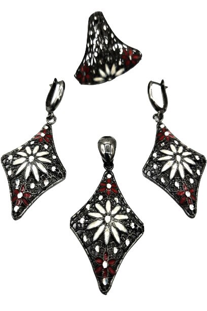 Set cercei, pandativ si inel Argint 925 black, in forma de romb, email cu zirconiu