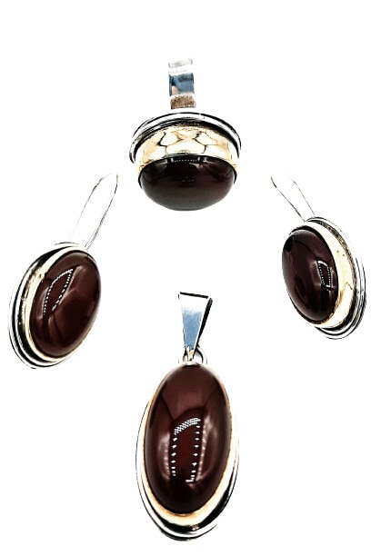 Set cercei, pandativ si inel Argint 925 cu pietre mari de jasp maron