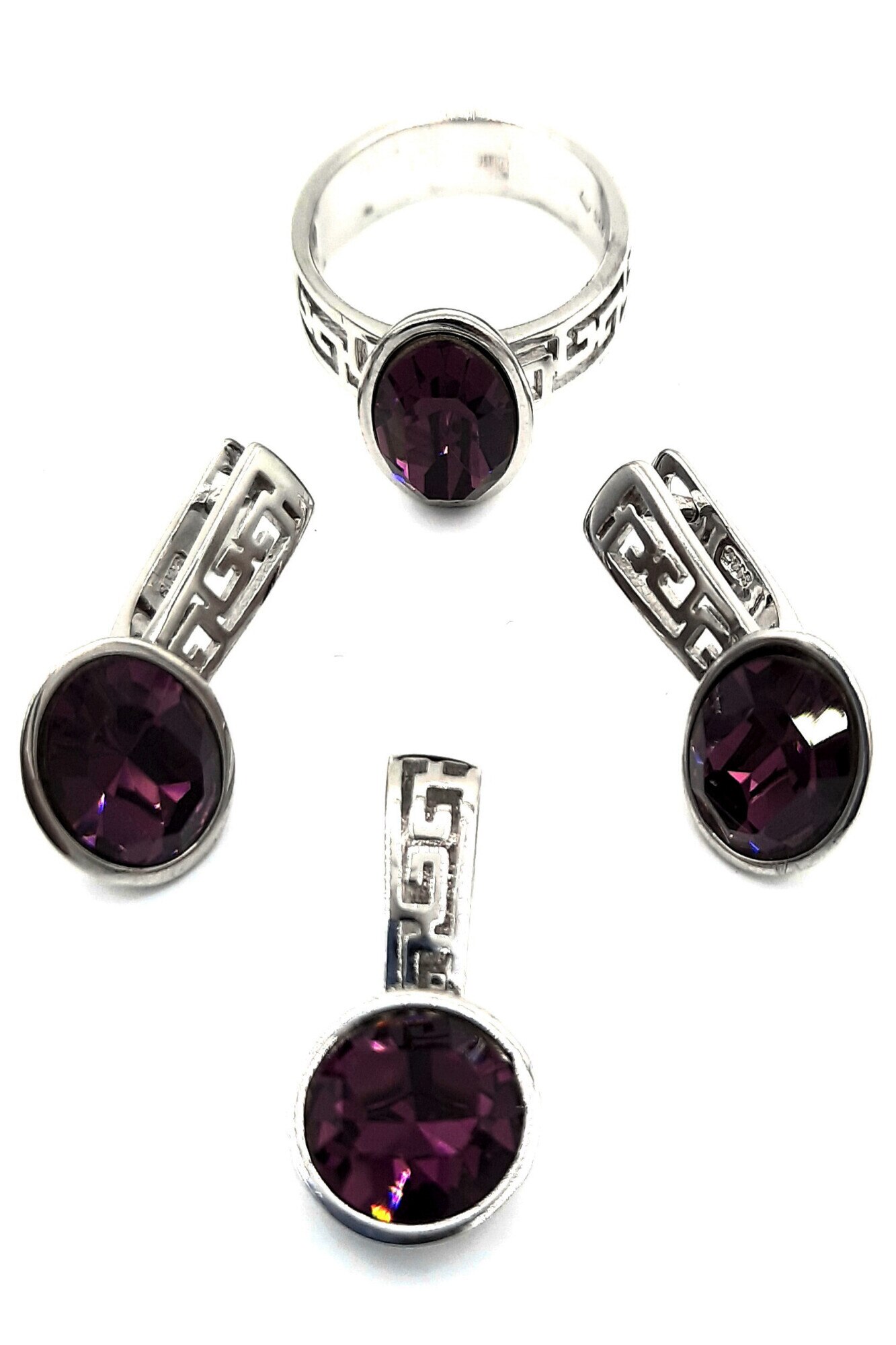 Set cercei, pandativ si inel Argint 925 cu pietre de zirconiu mov-ciclame