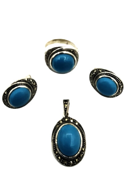 Set cercei, pandativ si inel Argint 925 cu pietre mari de turqoaz si 2 elipse cu markasit