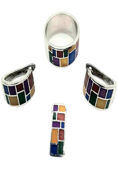 Set cercei, pandativ si inel Argint 925 cu email multicolor in dreptunghiuri si patrate verzi si mov